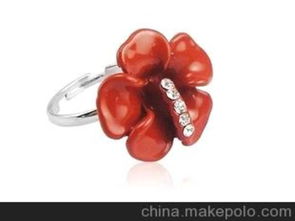 厂家直销 时尚韩版红色白钻五叶花戒指流行饰品批发图片
